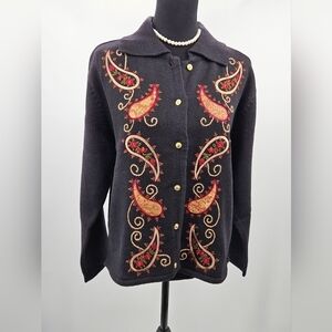 Crystal Kobe sz M Black Paisley Sweater Knit Button Cardigan NWT OLD STOCK